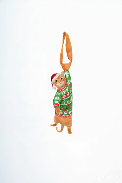 Animals Ties - Orange Naughty Noel Lucky Cat Tie, Silk Tie, Novelty Tie, Pet Tie