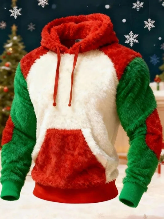 Men's Christmas Color Blocked Casual Plush Warm Hoodie